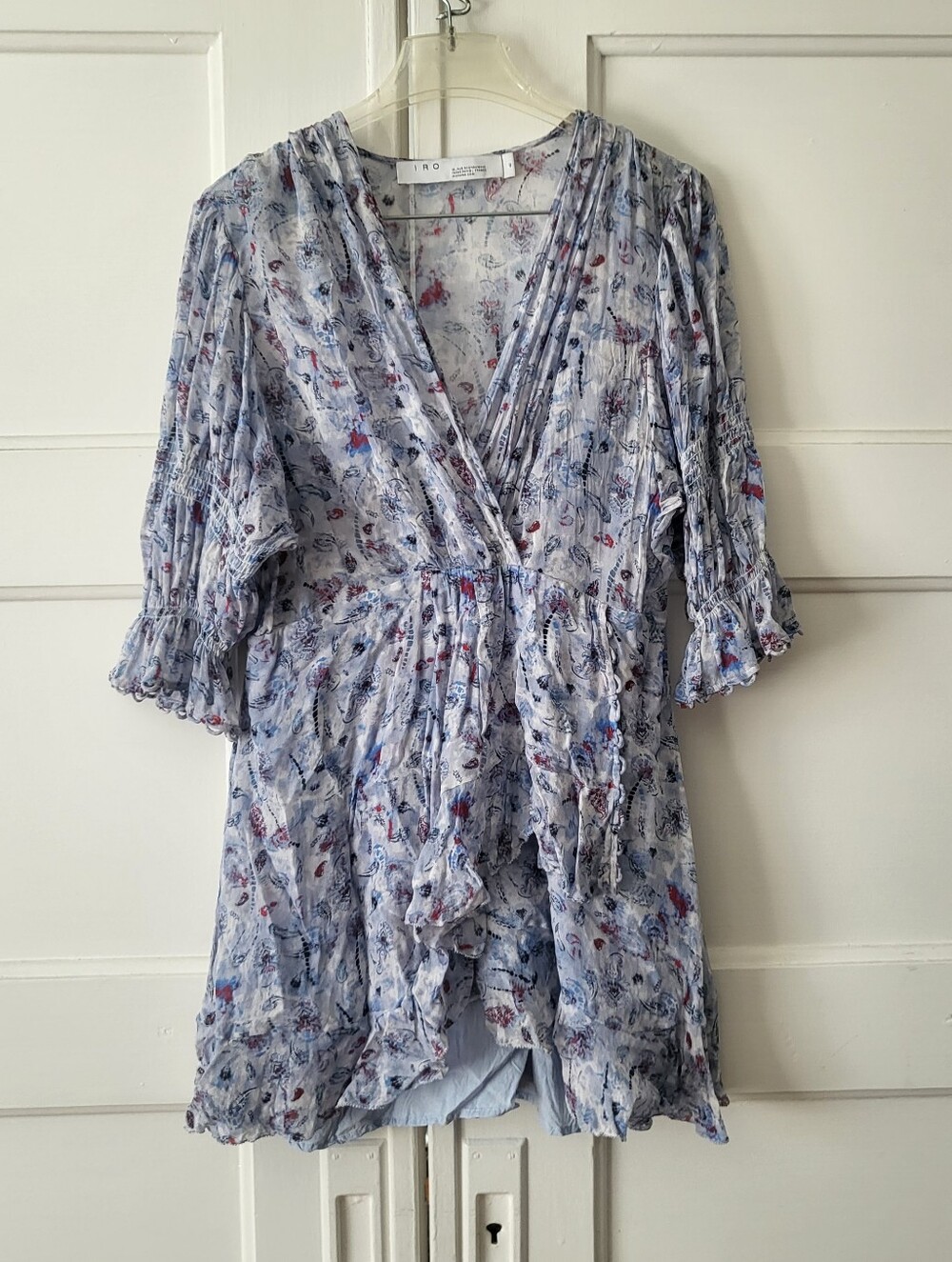 IRO Paris Lolly Blue Floral Wrap Mini Dress Size EU 40 US 8